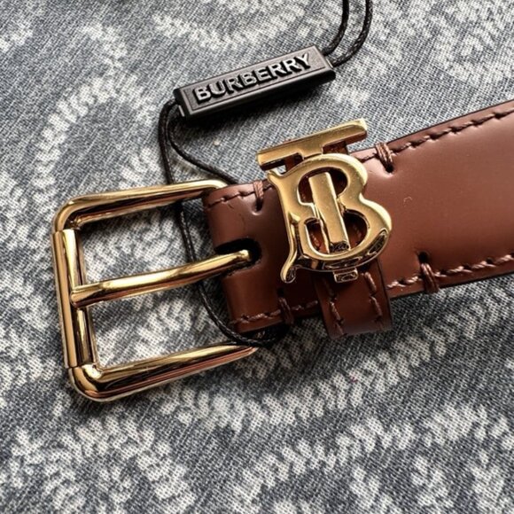 BURBERRY BELT LEATHER BROWN TAN TB THOMAS BURBERRY MONOGRAM LOGO WOMENS SZ LARGE - Picture 2 of 8